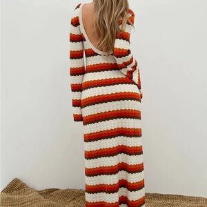 Orange and Brown Crochet Long Sleeve Sweater Dress